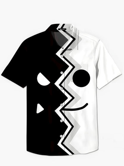 Black White Funny Print Men's Pocket Short Sleeve Shirts