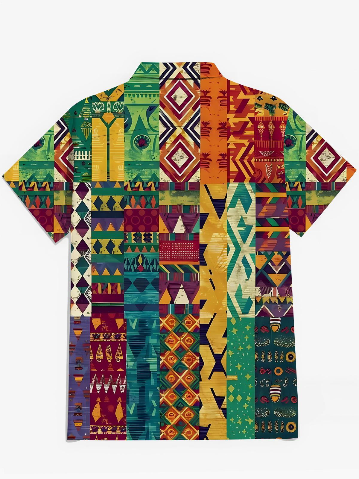 Vintage Geometric Print Men's Pocket Short Sleeve Shirts
