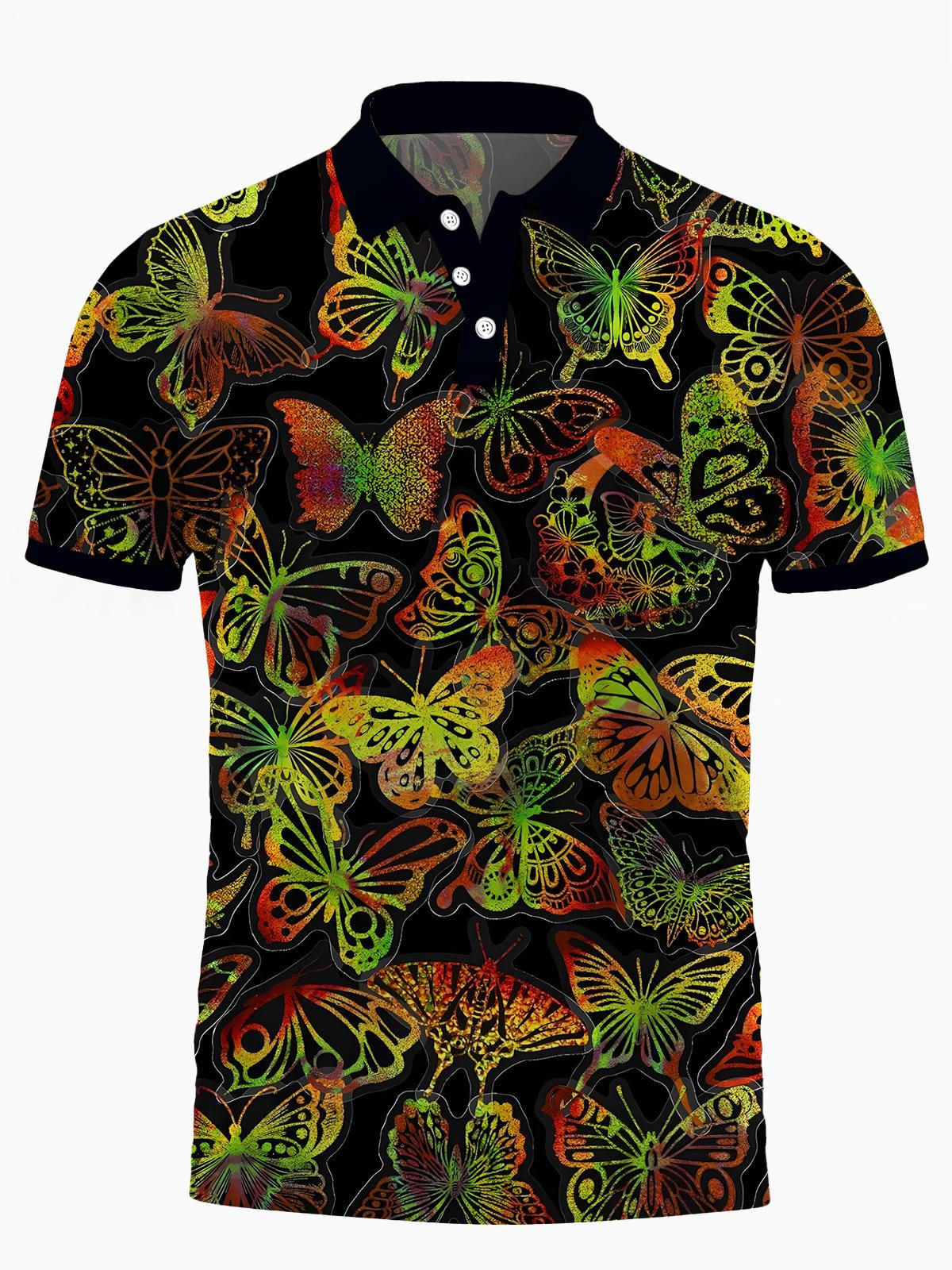 Butterfly Print Men's Short Sleeve Button Polo Shirt