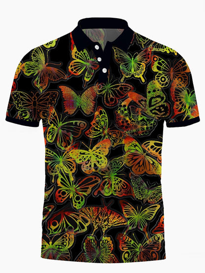 Butterfly Print Men's Short Sleeve Button Polo Shirt