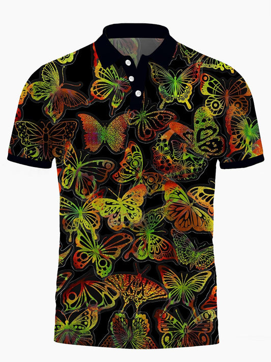 Butterfly Print Men's Short Sleeve Button Polo Shirt