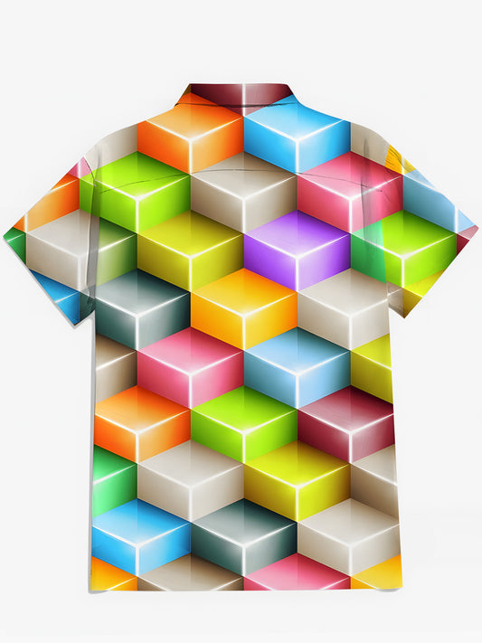 Geometric Square Print Men's Pocket Short Sleeve Shirts