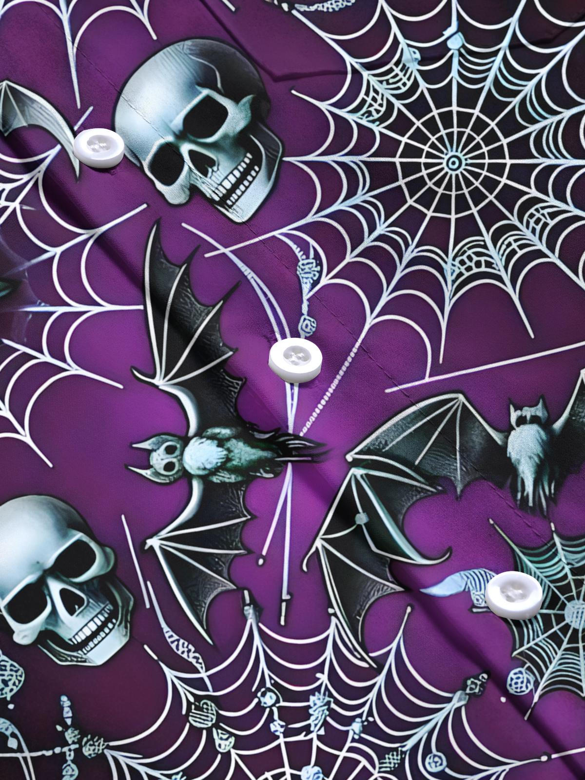 Skull Bat Spider Web Print Men's Pocket Short Sleeve Shirts