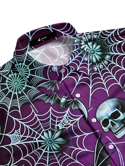 Skull Bat Spider Web Print Men's Pocket Short Sleeve Shirts