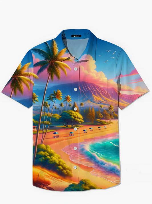 Hawaiian Beach Print Men's Pocket Short Sleeve Shirts