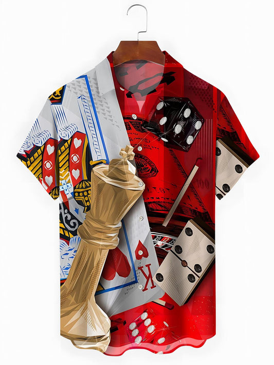 Poker Chess Print Men's Pocket Short Sleeve Shirts