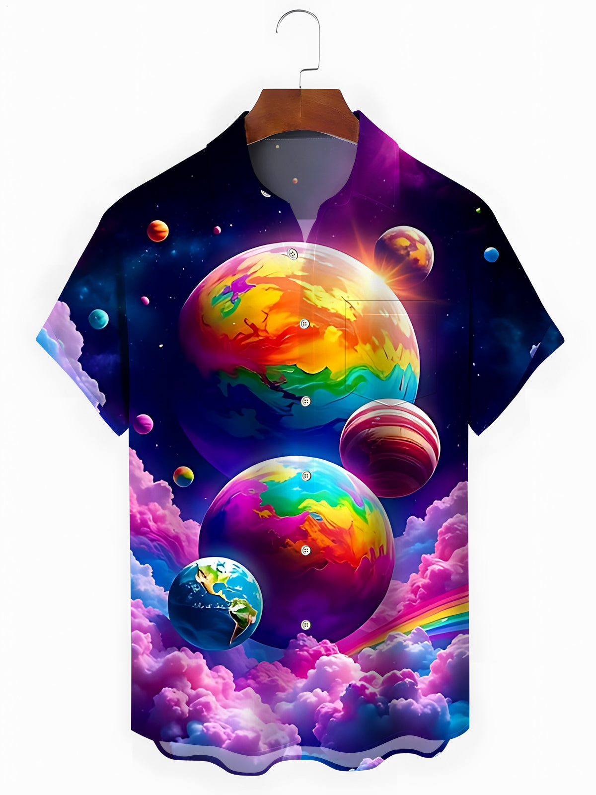 Cosmic Planet Print Men's Pocket Short Sleeve Shirts