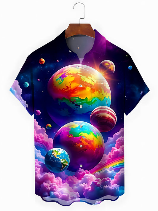 Cosmic Planet Print Men's Pocket Short Sleeve Shirts