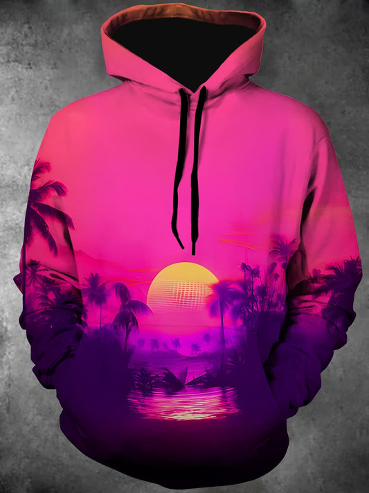 Hawaii Coconut Palm Sunset Long Sleeve Hooded Pocket Men's Top