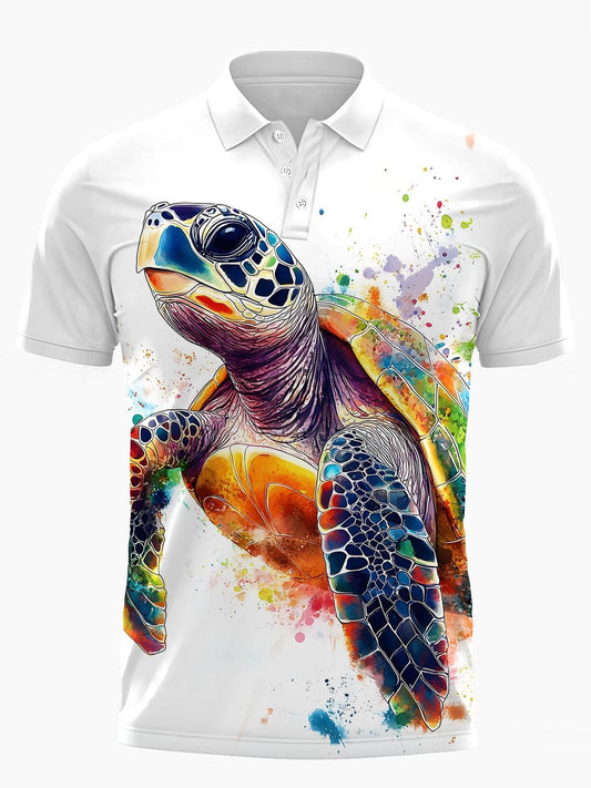 Turtle Print Men's Short Sleeve Button Polo Shirt