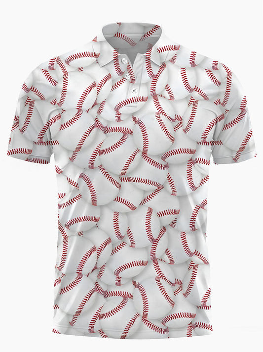 Baseball Print Men's Short Sleeve Button Polo Shirt
