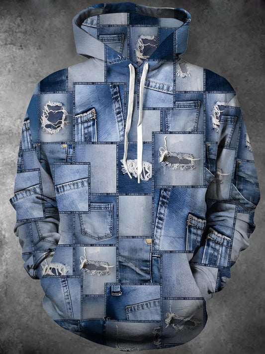 Ripped Denim Pockets Long Sleeve Hooded Pocket Men's Top