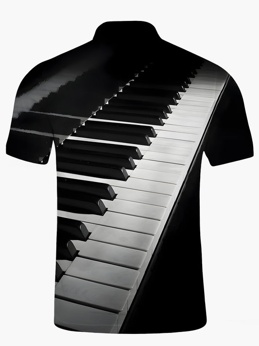 Piano Print Men's Short Sleeve Button Polo Shirt