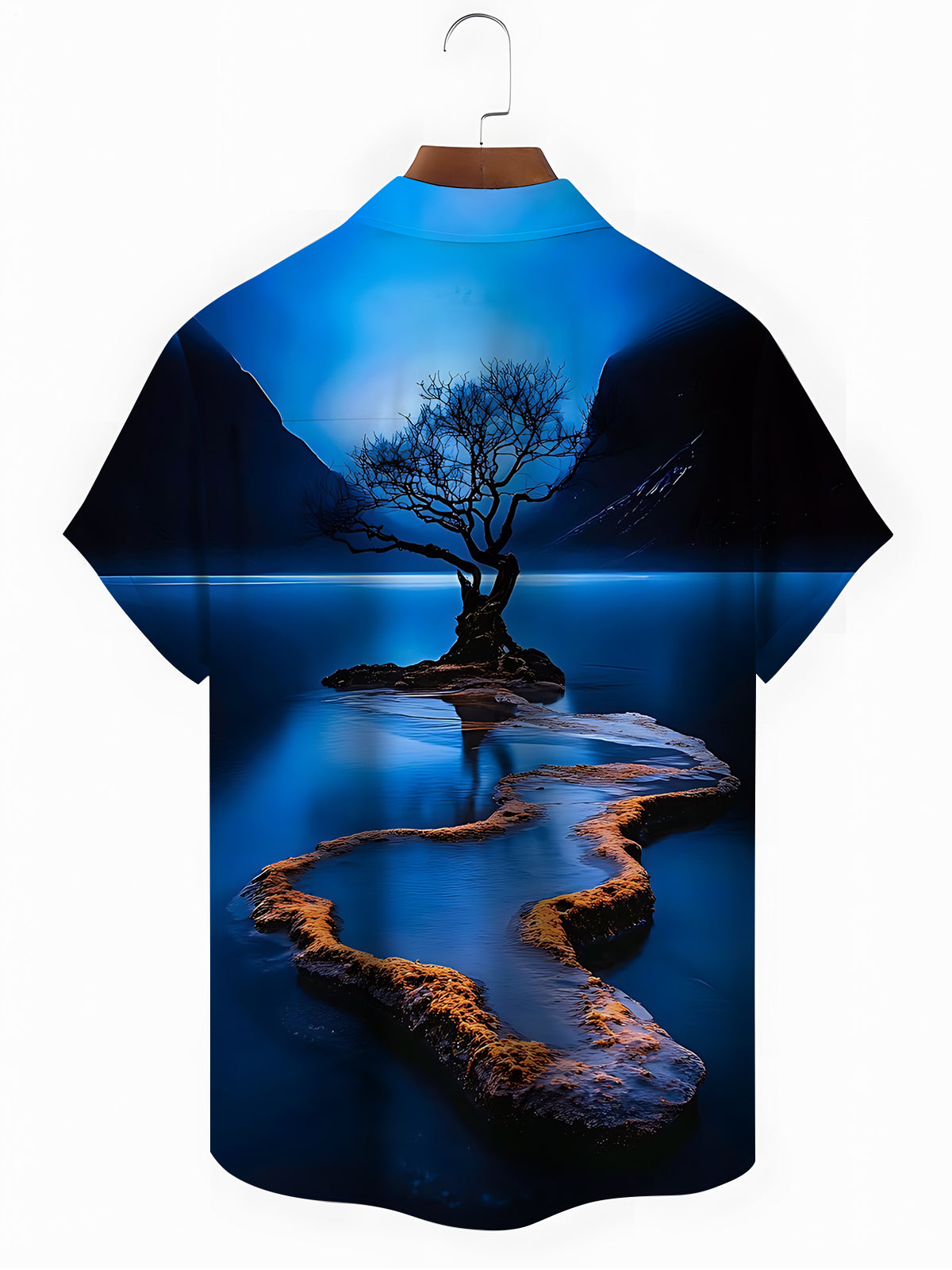 Landscape Tree Print Men's Pocket Short Sleeve Shirts