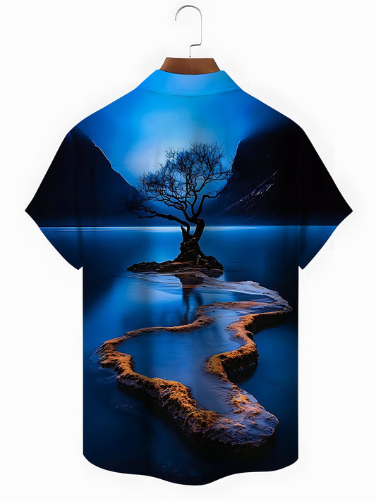 Landscape Tree Print Men's Pocket Short Sleeve Shirts