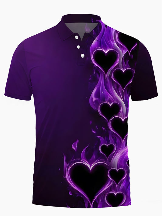 Heart Print Men's Short Sleeve Button Polo Shirt