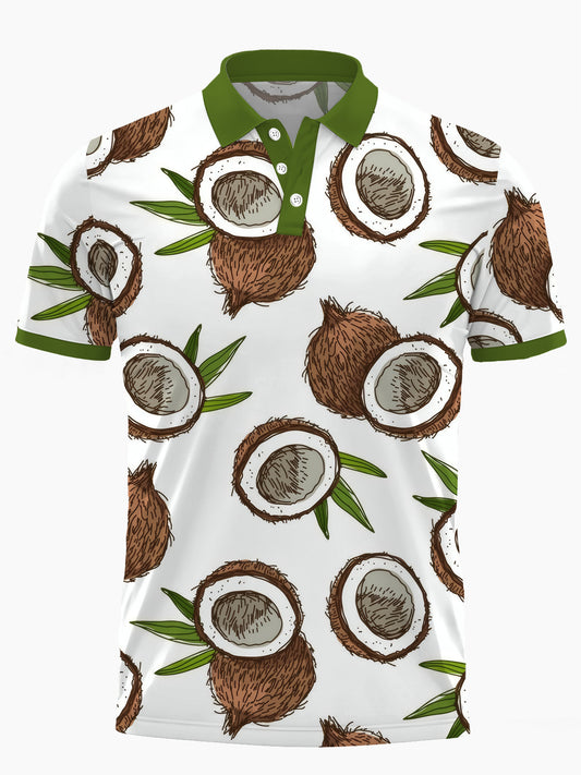 Hawaiian Coconut Print Men's Short Sleeve Button Polo Shirt