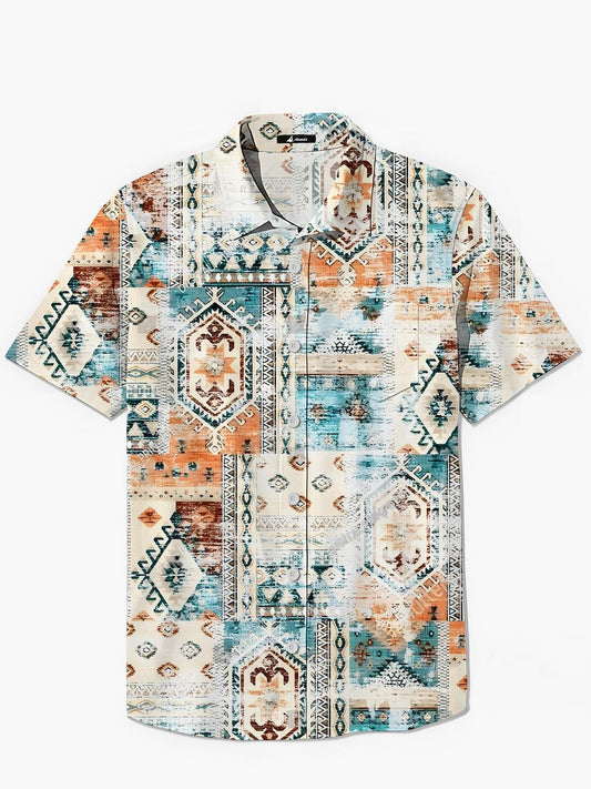 Vintage Ethnic Pattern Print Men's Pocket Short Sleeve Shirts
