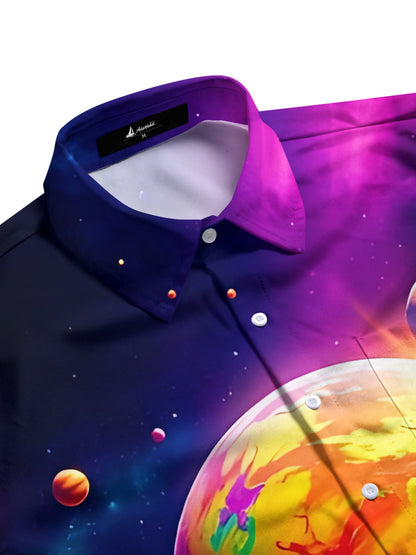 Cosmic Planet Print Men's Pocket Short Sleeve Shirts