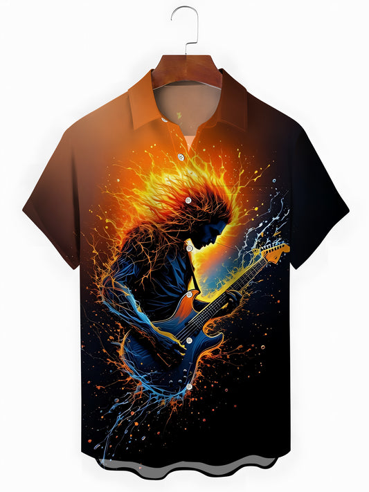 Rock Guitar Print Men's Pocket Short Sleeve Shirts