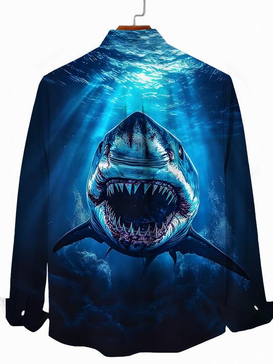 Shark Print Men's Pocket Long Sleeve Shirts