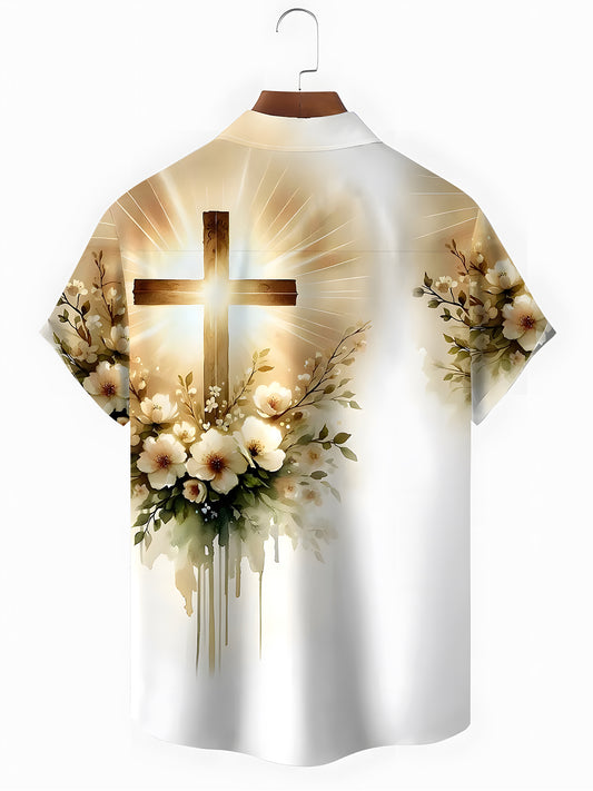 Religion Floral Men's Pocket Short Sleeve Shirts