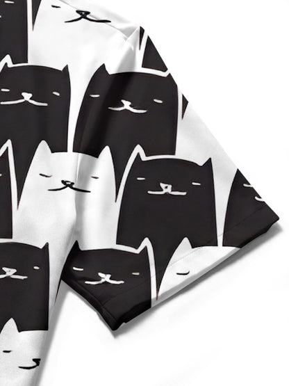 Black White Cat Print Men's Pocket Short Sleeve Shirts