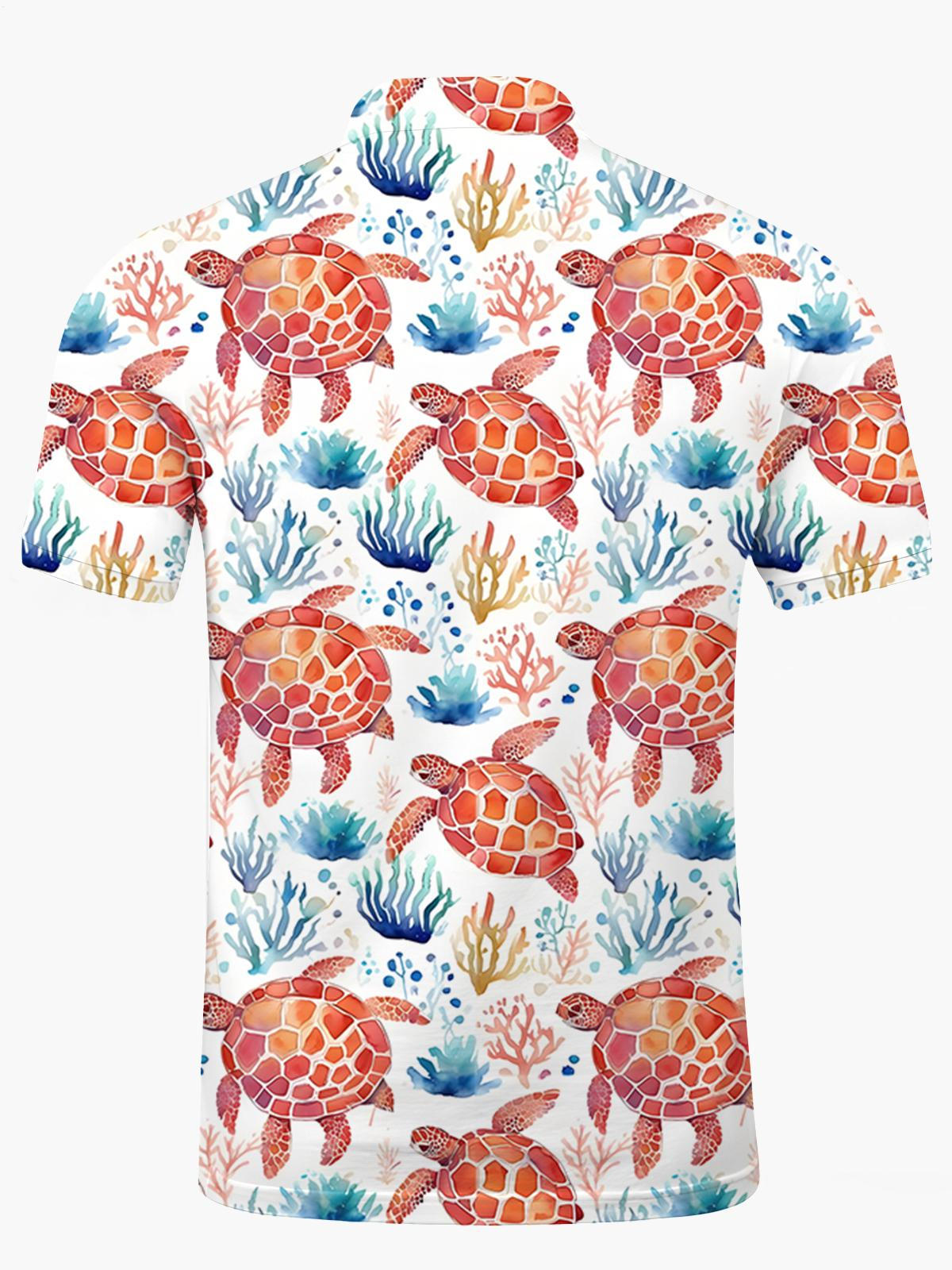 Turtle Print Men's Short Sleeve Button Polo Shirt