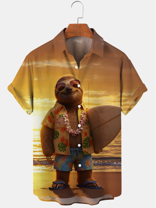 Hawaiian Surf Sloth Print Men's Pocket Short Sleeve Shirts