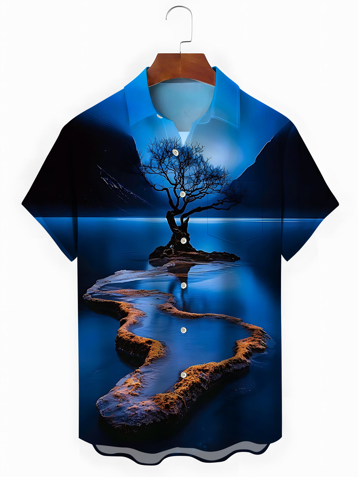 Landscape Tree Print Men's Pocket Short Sleeve Shirts