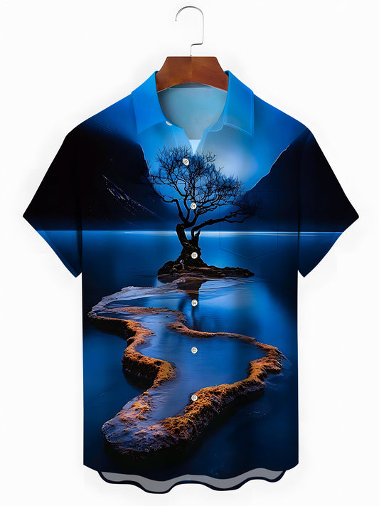 Landscape Tree Print Men's Pocket Short Sleeve Shirts