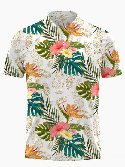 Hawaiian Flower Print Men's Short Sleeve Button Polo Shirt