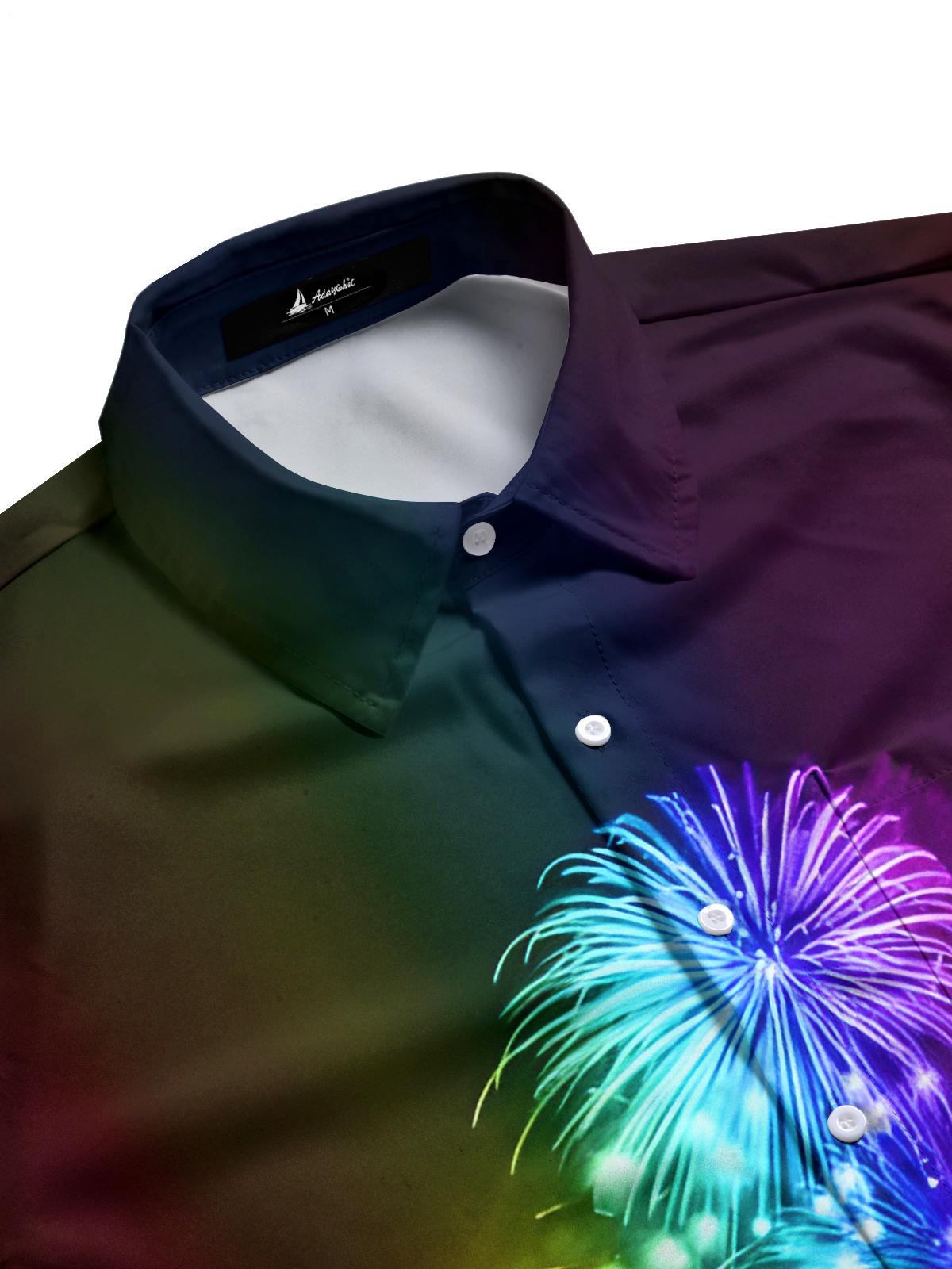 Rainbow Fireworks Print Men's Pocket Short Sleeve Shirts