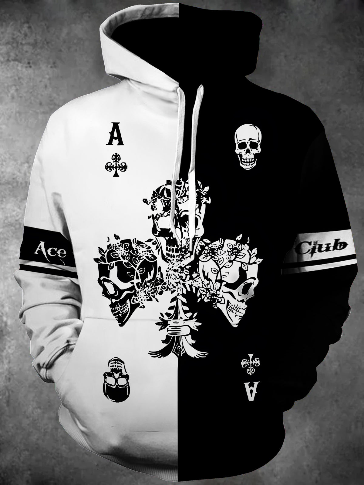 Contrast Color Skull Poker Long Sleeve Hooded Pocket Men's Top