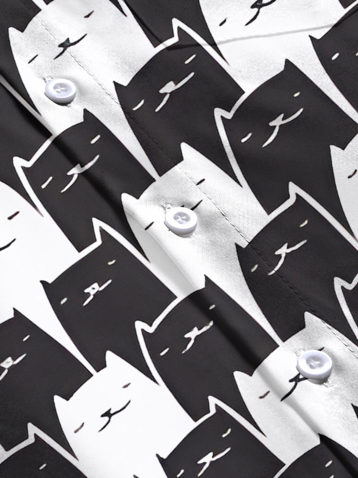 Black White Cat Print Men's Pocket Short Sleeve Shirts
