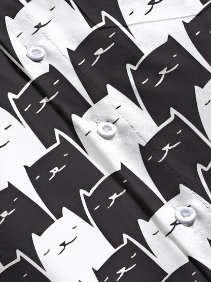 Black White Cat Print Men's Pocket Short Sleeve Shirts