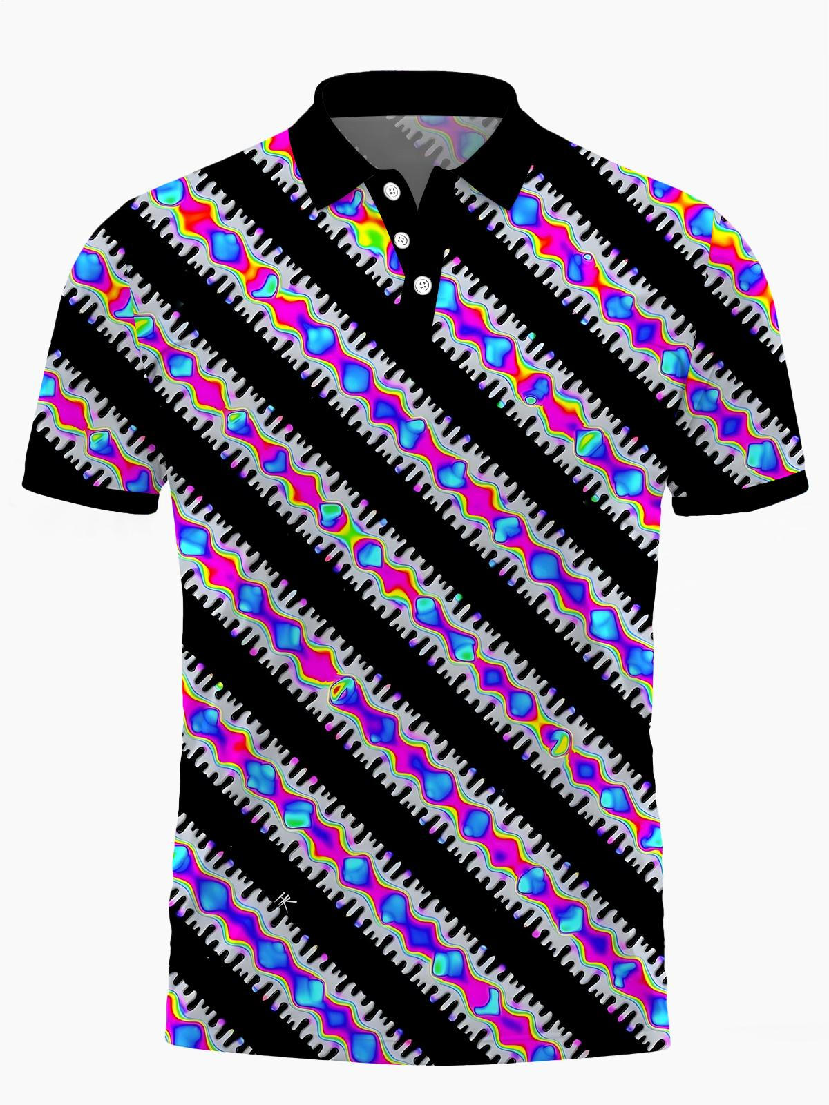 Geometric Lines Print Men's Short Sleeve Button Polo Shirt