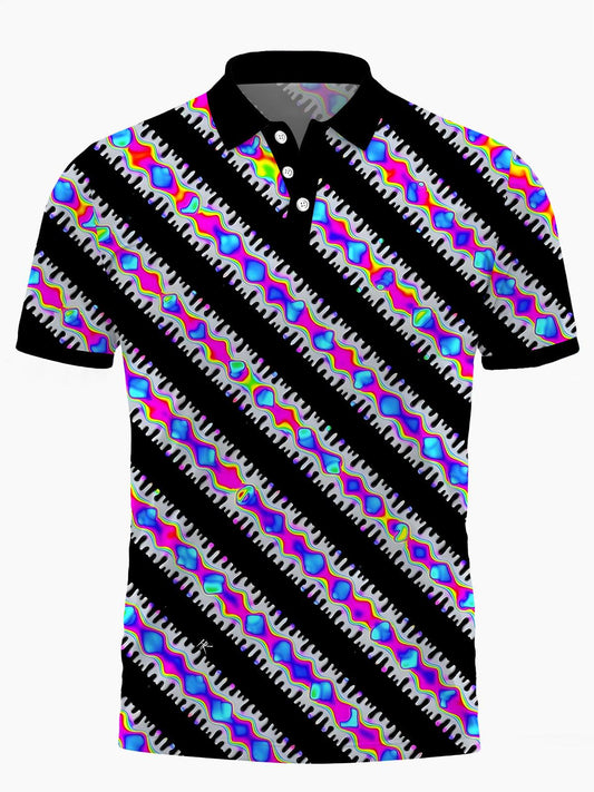 Geometric Lines Print Men's Short Sleeve Button Polo Shirt