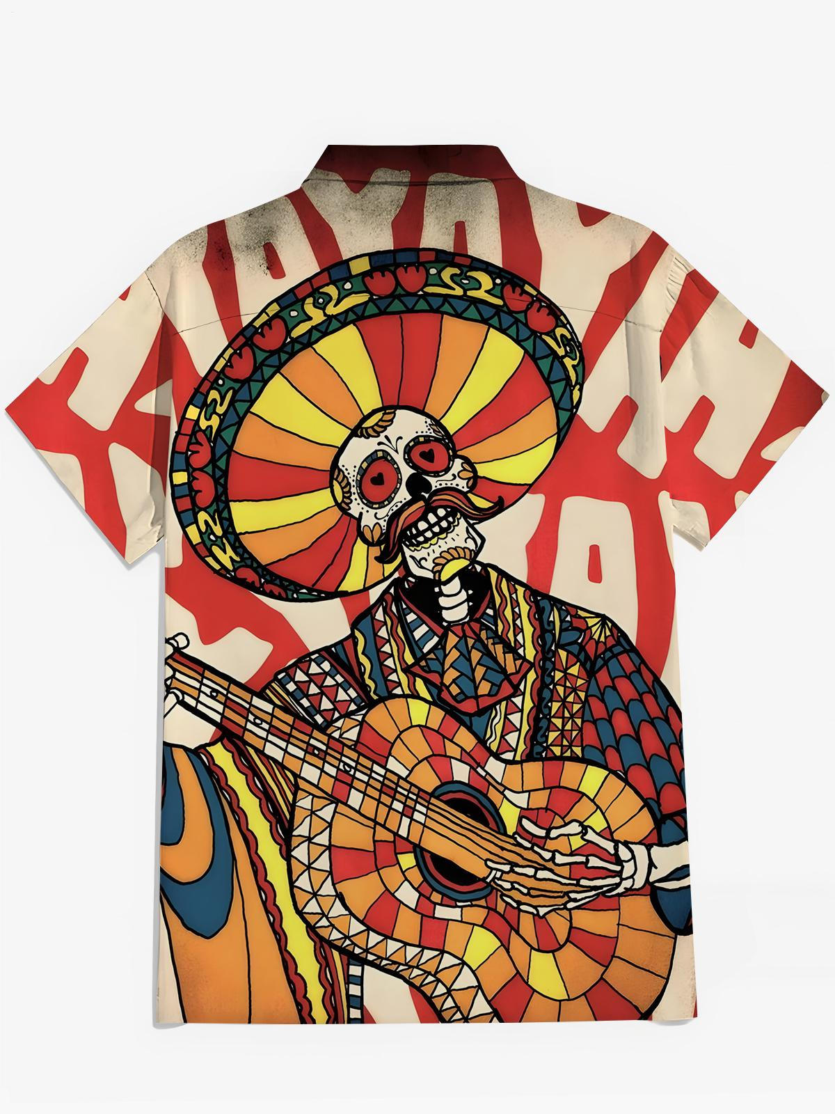 Funny Skull Print Men's Pocket Short Sleeve Shirts