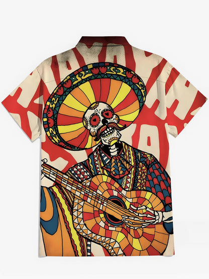 Funny Skull Print Men's Pocket Short Sleeve Shirts