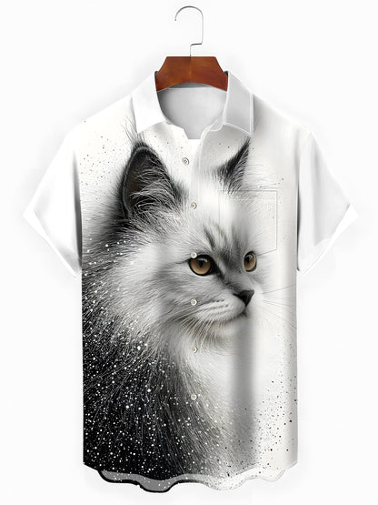 Cat Print Men's Pocket Short Sleeve Shirts