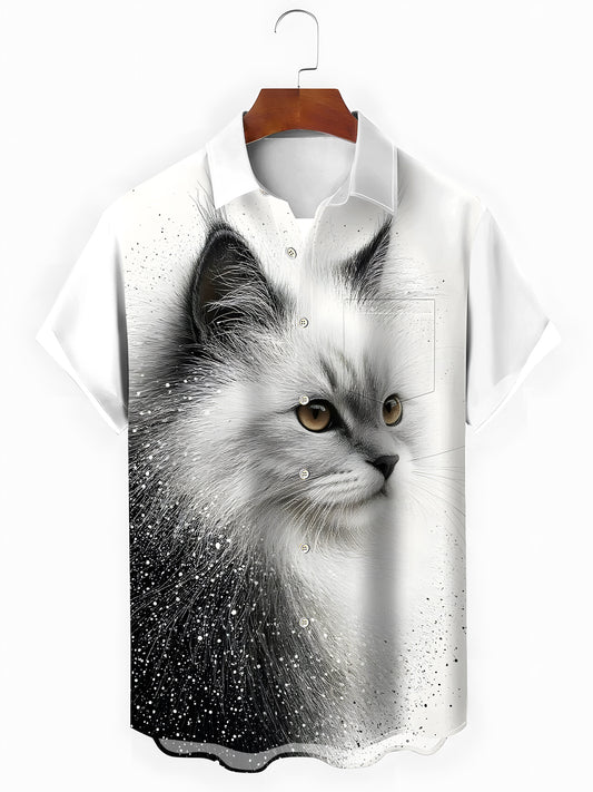 Cat Print Men's Pocket Short Sleeve Shirts