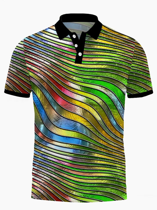 Geometric Lines Print Men's Short Sleeve Button Polo Shirt
