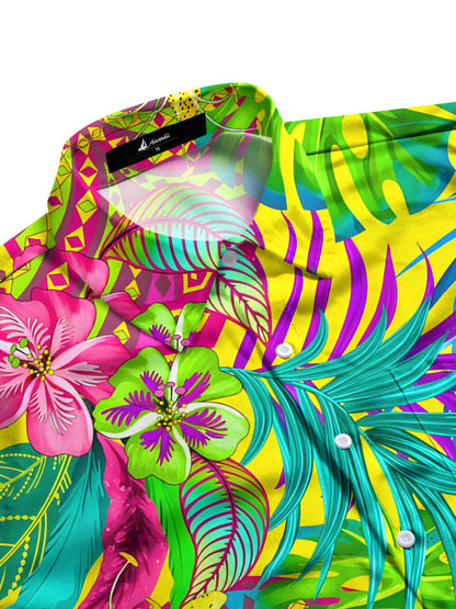 Floral Leaf Print Men's Pocket Short Sleeve Shirts
