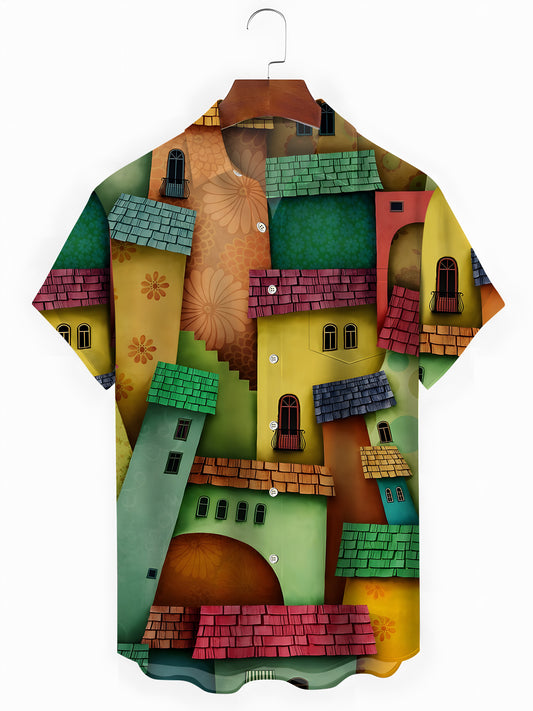 House Art Print Men's Pocket Short Sleeve Shirts