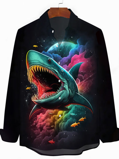 Shark Print Men's Pocket Long Sleeve Shirts