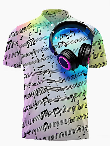 Earphone Note Print Men's Short Sleeve Button Polo Shirt
