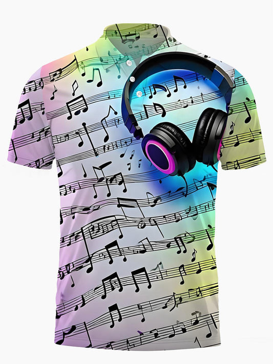 Earphone Note Print Men's Short Sleeve Button Polo Shirt