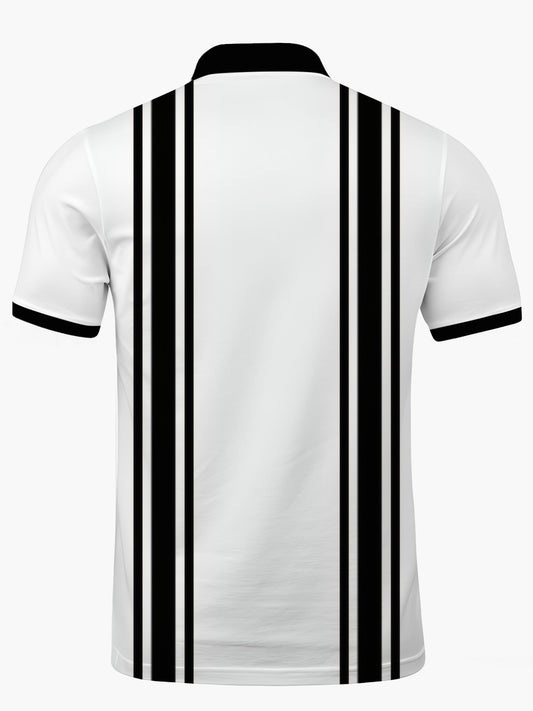 Black White Striped Print Men's Short Sleeve Button Polo Shirt