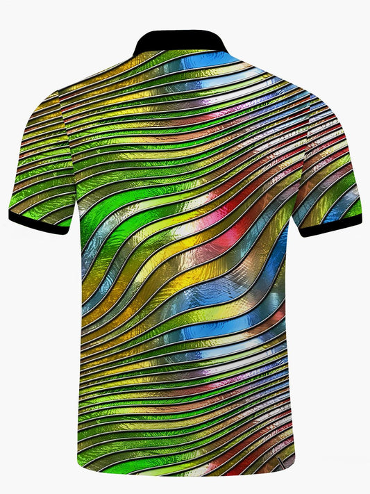 Geometric Lines Print Men's Short Sleeve Button Polo Shirt